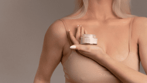 woman holding skincare